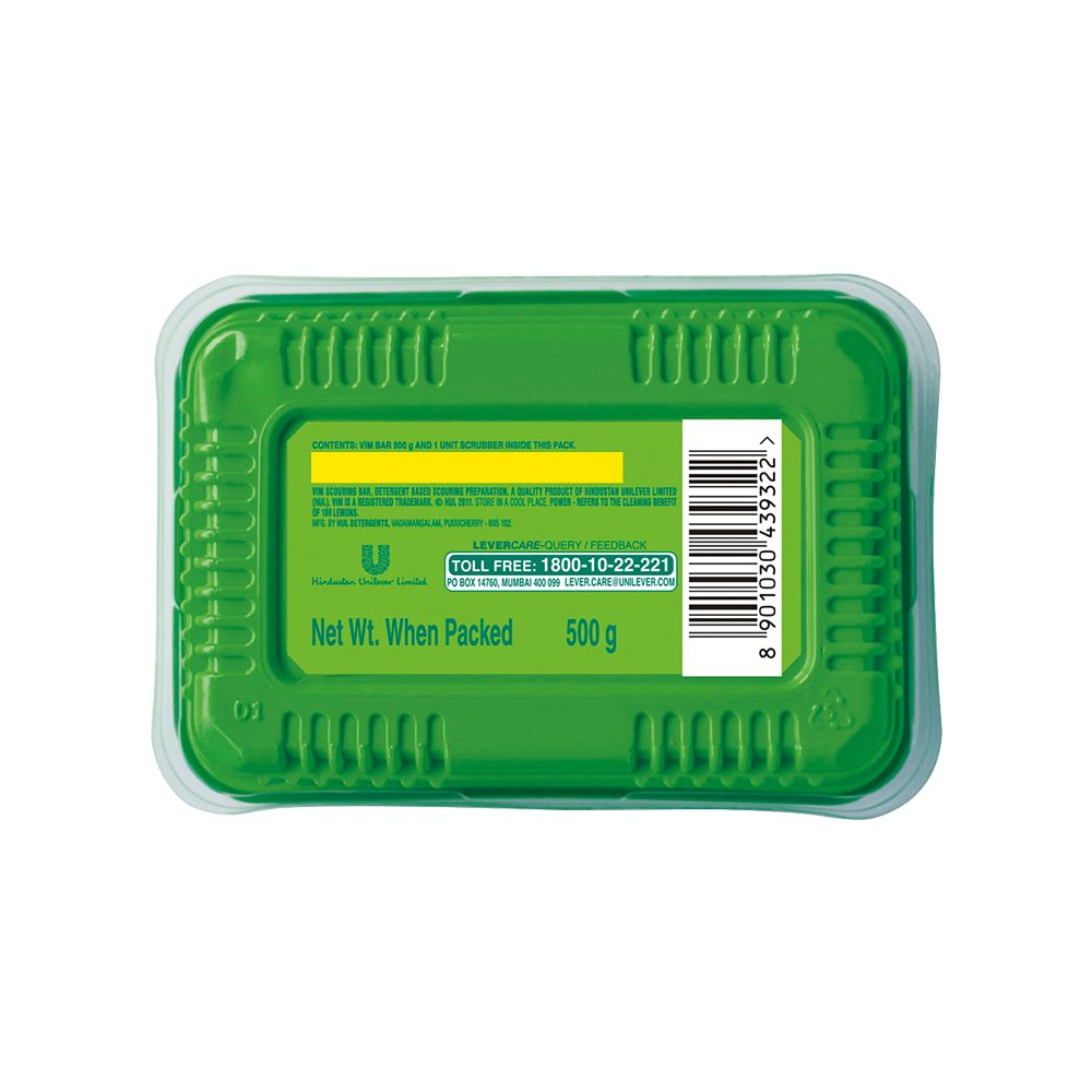 Vim Dishwash Bar Lemon Tub, With Power Of 100 Lemon, Fastest On Burnt Food Stains, Comes With A Sturdy Re-Usable Box And Free Scrubber, 500 g