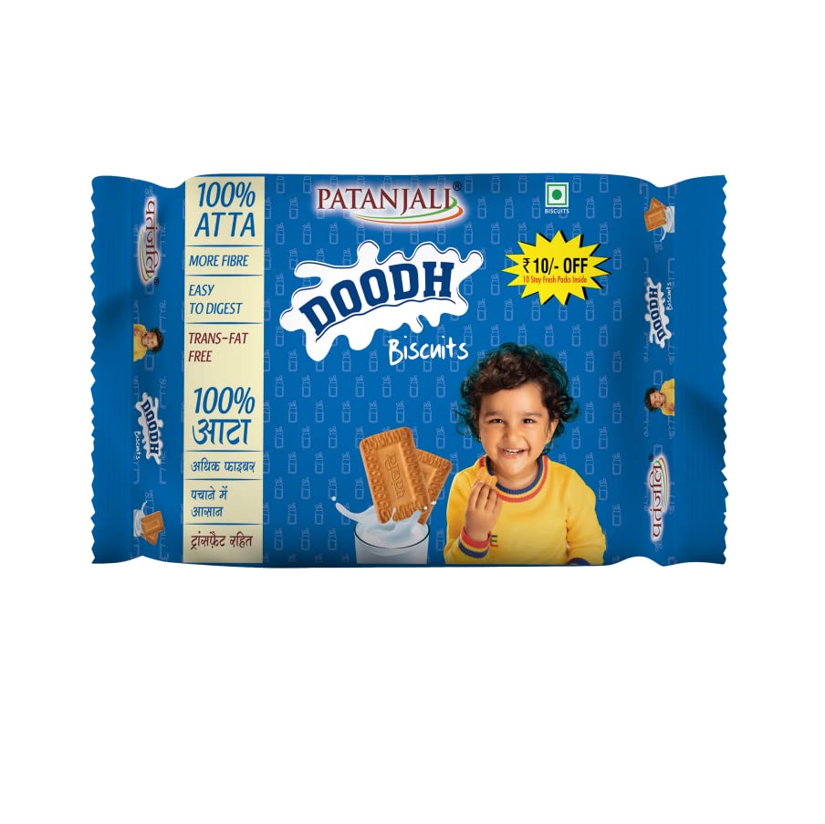 Patanjali Doodh Biscuit, Whole Wheat Milk Cookie, Rich in Fibre, 70 Gm