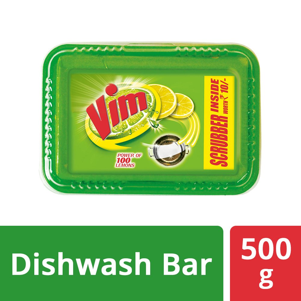 Vim Dishwash Bar Lemon Tub, With Power Of 100 Lemon, Fastest On Burnt Food Stains, Comes With A Sturdy Re-Usable Box And Free Scrubber, 500 g