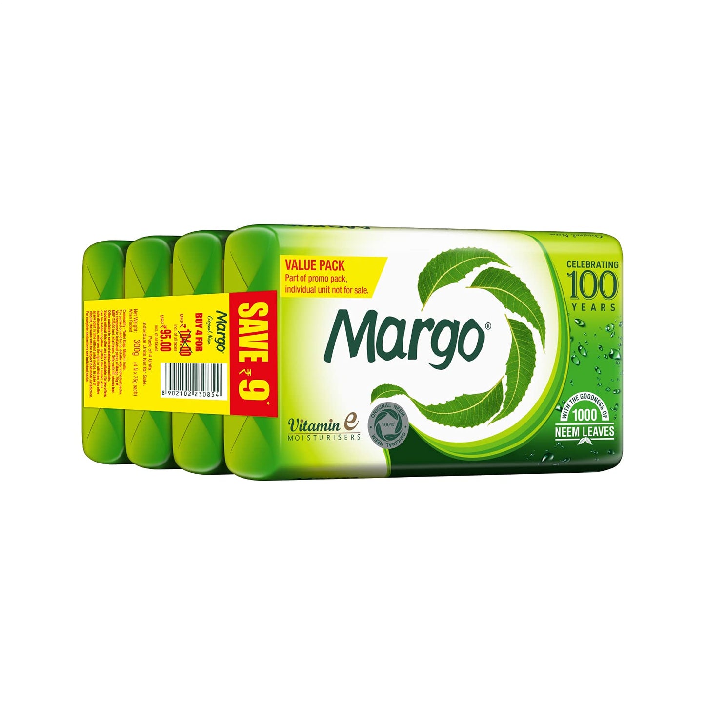 Margo Original Neem Soap 75g X 4, 300 gram | With Goodness of 1000 Neem Leaves | Infused with Vitamin E for moisturising