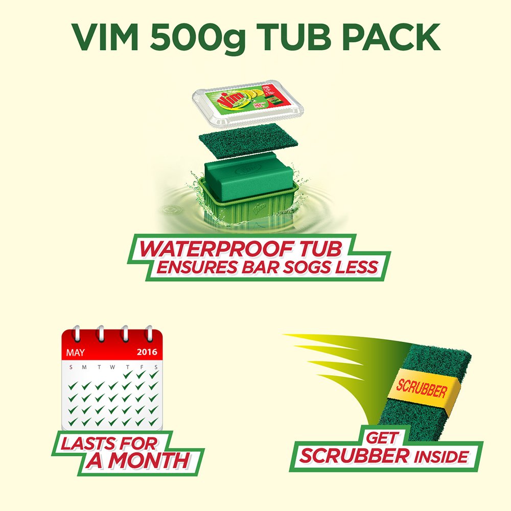 Vim Dishwash Bar Lemon Tub, With Power Of 100 Lemon, Fastest On Burnt Food Stains, Comes With A Sturdy Re-Usable Box And Free Scrubber, 500 g