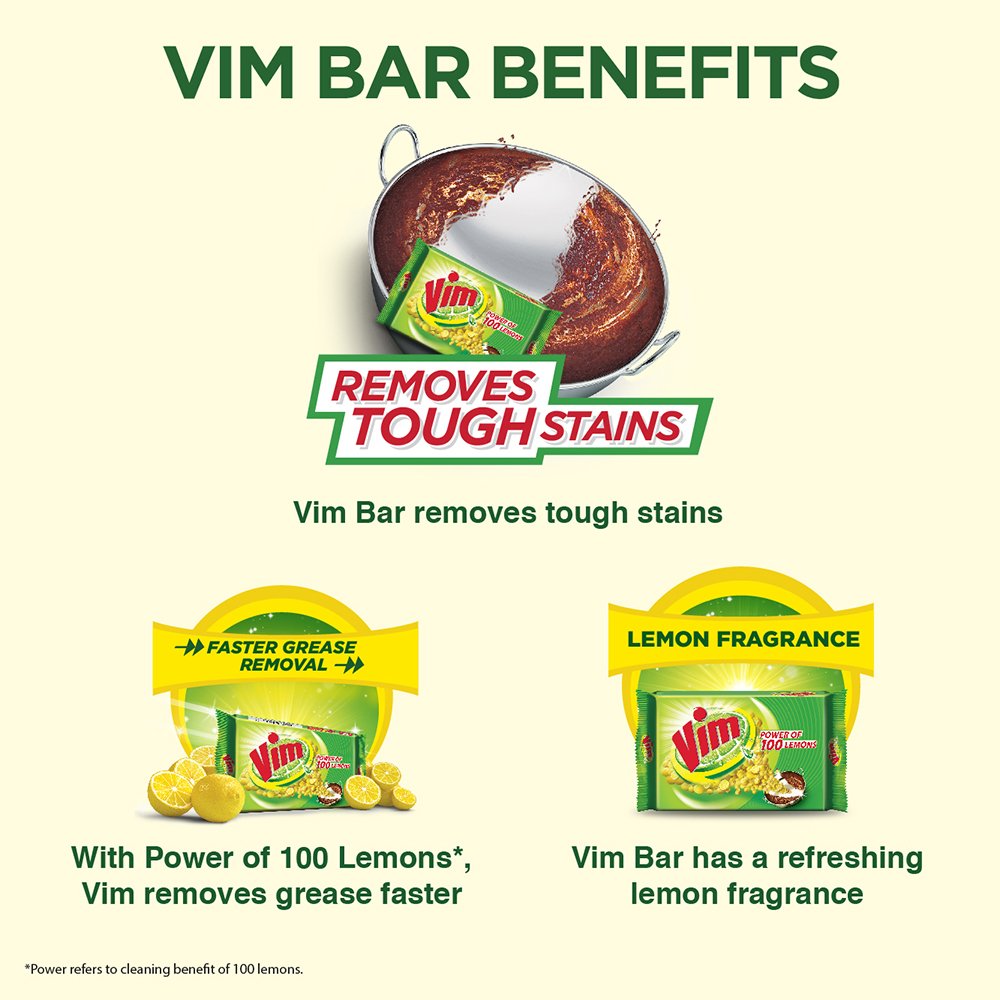 Vim Dishwash Bar Lemon Tub, With Power Of 100 Lemon, Fastest On Burnt Food Stains, Comes With A Sturdy Re-Usable Box And Free Scrubber, 500 g